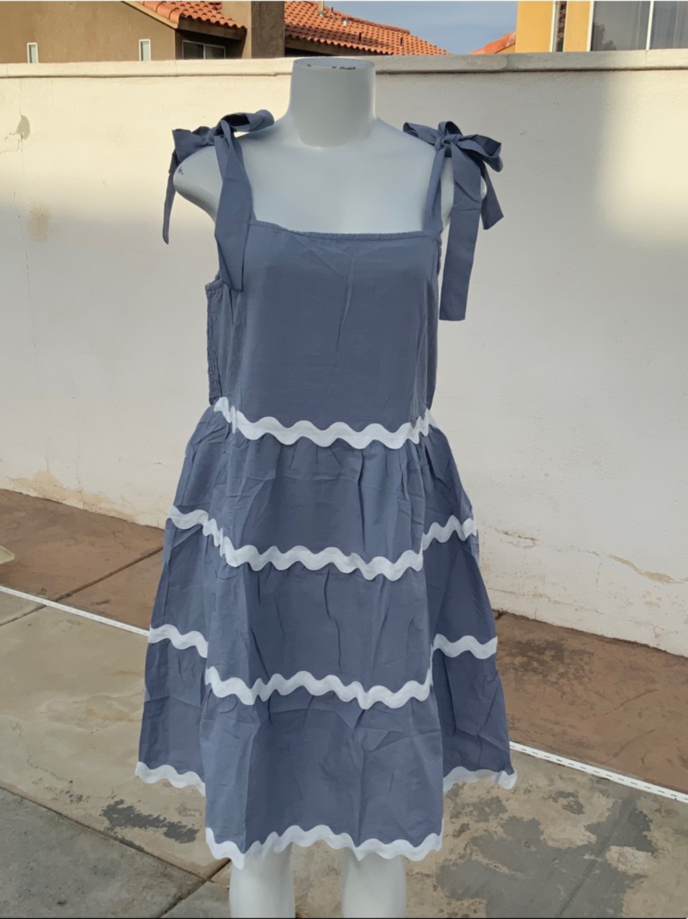 Sleeveless Blue Tie-Shoulder Sundress with White Ric Rac Trim